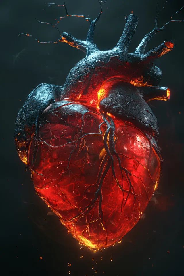 A glowing red 3D anatomical heart with detailed veins and branching arteries against a dark background.