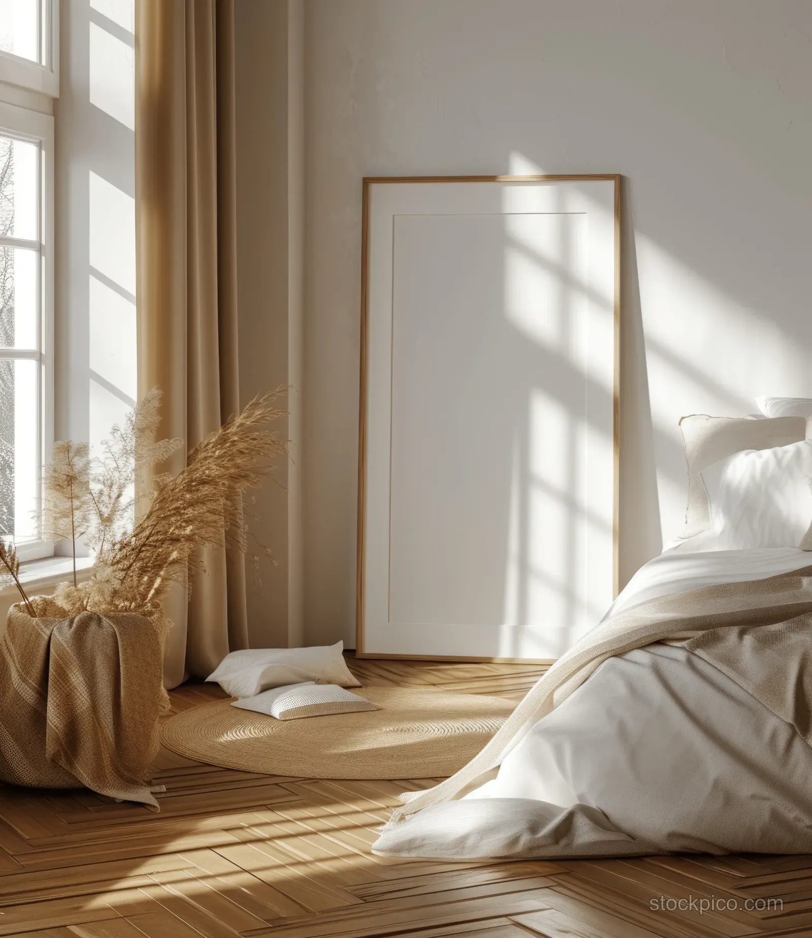 A white photo frame mockup stands on the wall beside beige bedding, with window sunlight casting soft shadows.