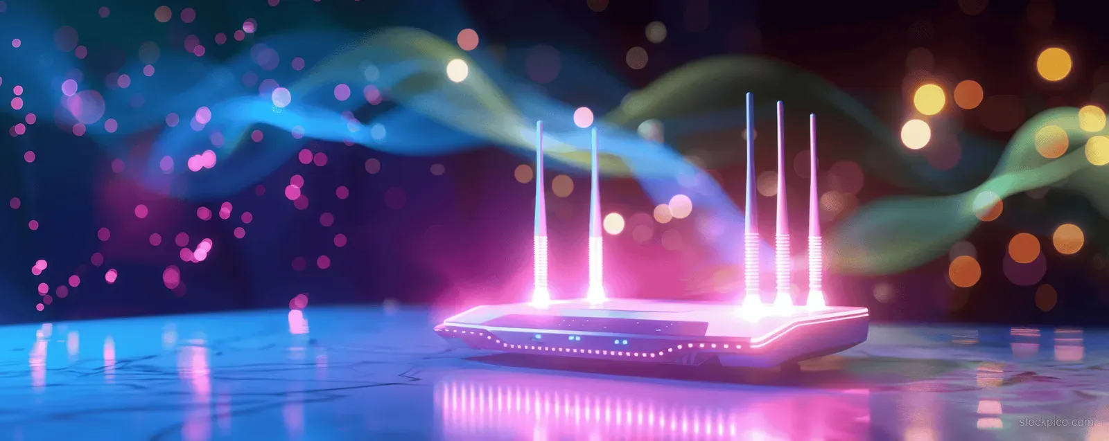 Futuristic router with glowing antennas and LED lights on a reflective digital surface with light trails.