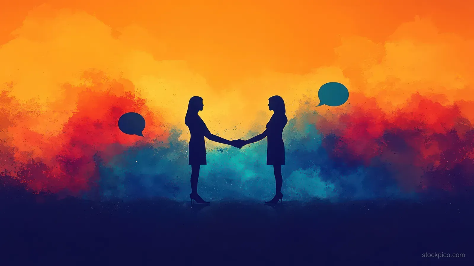 Two silhouetted business partners shake hands in front of a colorful abstract background.