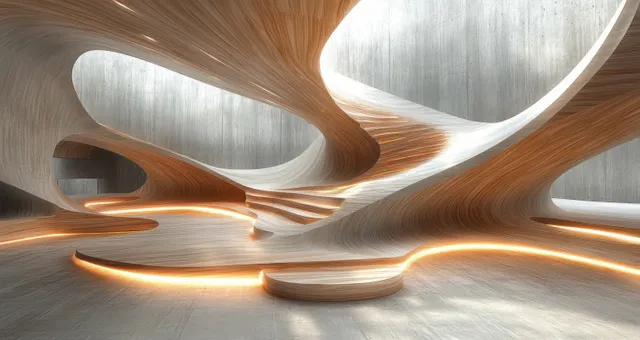 Curved wooden interior arches surround glowing underfloor light strips in a softly lit open space.