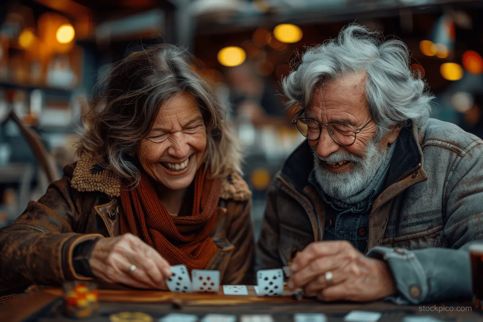 Two seniors play a card game at a table while laughing in a cozy retirement home living room.