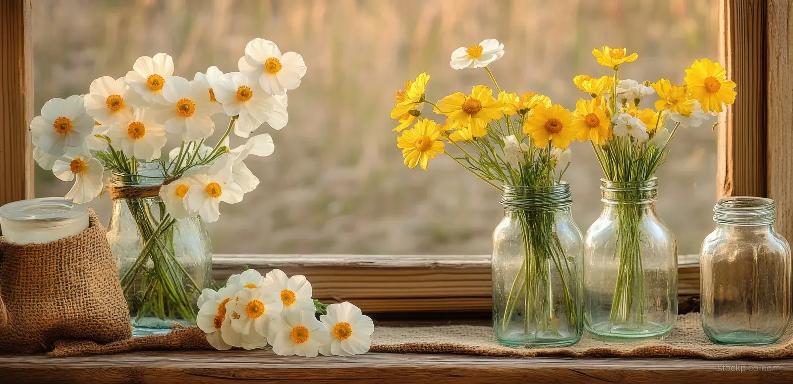 Yellow daffodils and white blossoms sit in vintage glass vases on rustic cloth near a sunlit window.