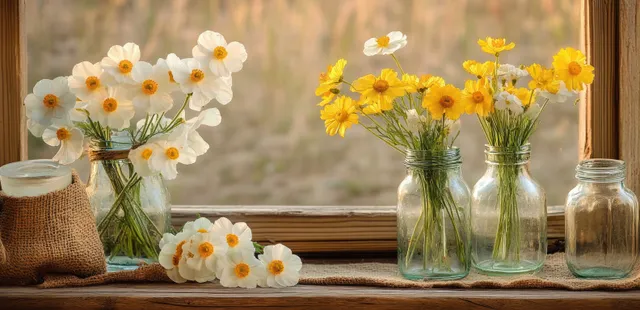 Spring daffodil and white blossom bouquet in vintage glass vases by a sunlit window