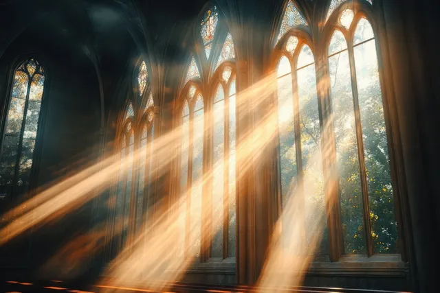 Sunbeams pour through tall Gothic church windows, creating glowing light bands in a dark stone interior.
