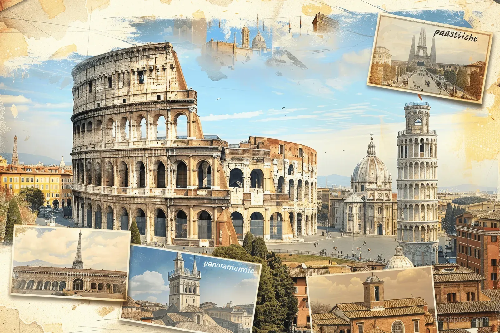 Collage of vintage European postcards featuring the Colosseum with faded stamps and layered paper textures.