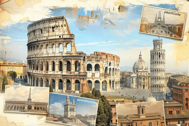 Collage of vintage European postcards featuring the Colosseum with faded stamps and layered paper textures.
