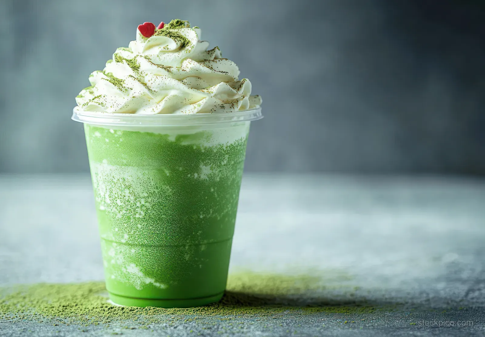 Clear cup of iced matcha with whipped cream, green tea foam, and a small red heart garnish on textured background.