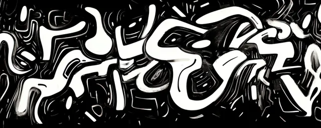 Black and white abstract mural with thick curving paint strokes and chaotic swirls