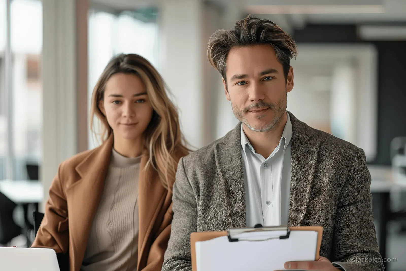 Multicultural business leaders pose smiling in a modern office with one holding a clipboard.