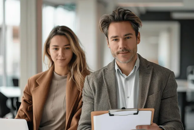 Multicultural business leaders pose smiling in a modern office with one holding a clipboard.