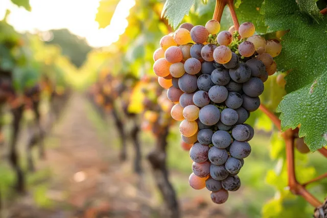 A cluster of ripe grapes hangs on a vine with green leaves while vineyard rows blur behind.
