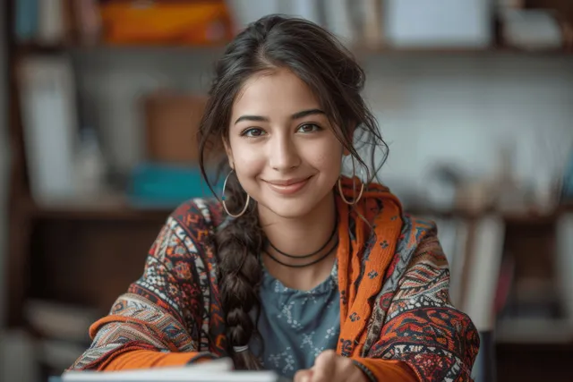 Smiling young woman writes notes at a home desk with a laptop open beside her.