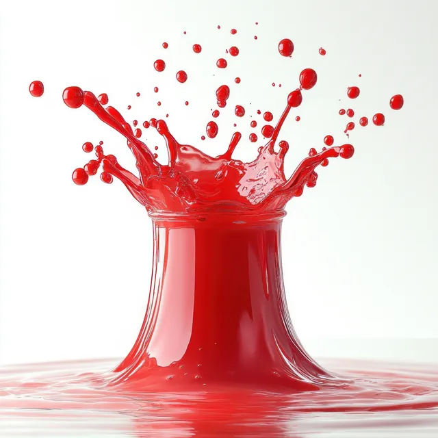 Red cherry juice splashes upward from a glass with swirling droplets and bright bubbles against a white background.
