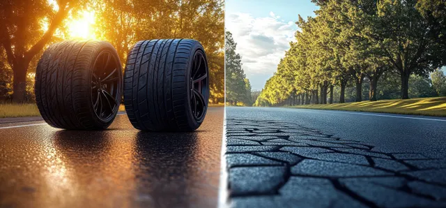 Two tires rest side-by-side showing warm sunny tread on wet asphalt and cold winter tread on icy road under trees.
