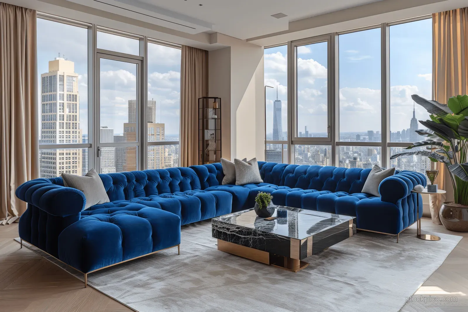 A blue tufted velvet sectional and glass coffee table in a bright New York apartment living room with large windows and skyline views.
