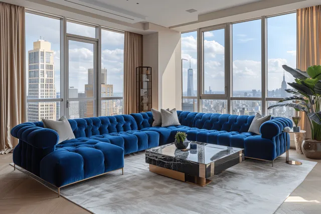 A blue tufted velvet sectional and glass coffee table in a bright New York apartment living room with large windows and skyline views.