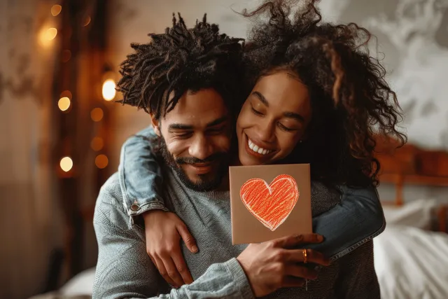 Young African American couple hugging while child presents a heart Valentine card in bedroom light