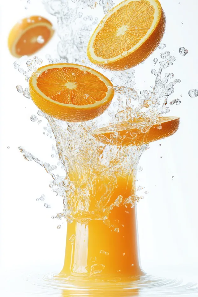 Orange juice splashes upward as citrus slices float above a glass of juice on a white background.