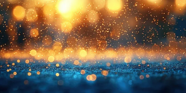 Warm bokeh lights glow above a sunlit sand beach and calm ocean waves at the shoreline.
