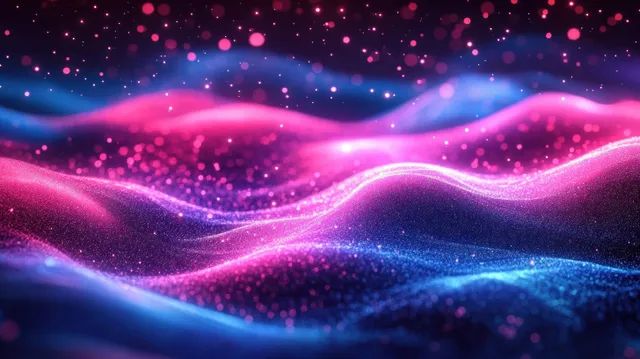Neon pink and blue light waves flow across a dark abstract landscape with sparkling particle bokeh.