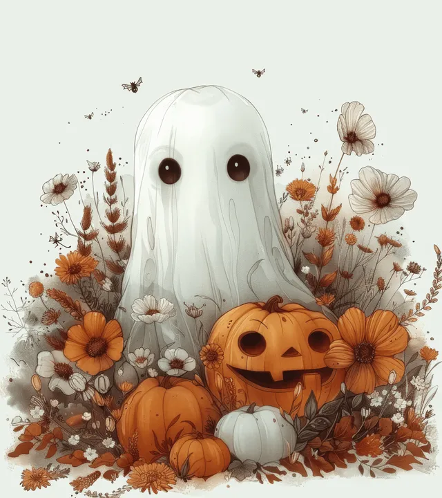 A cute white ghost sits behind orange pumpkins surrounded by autumn flowers and dried stems.