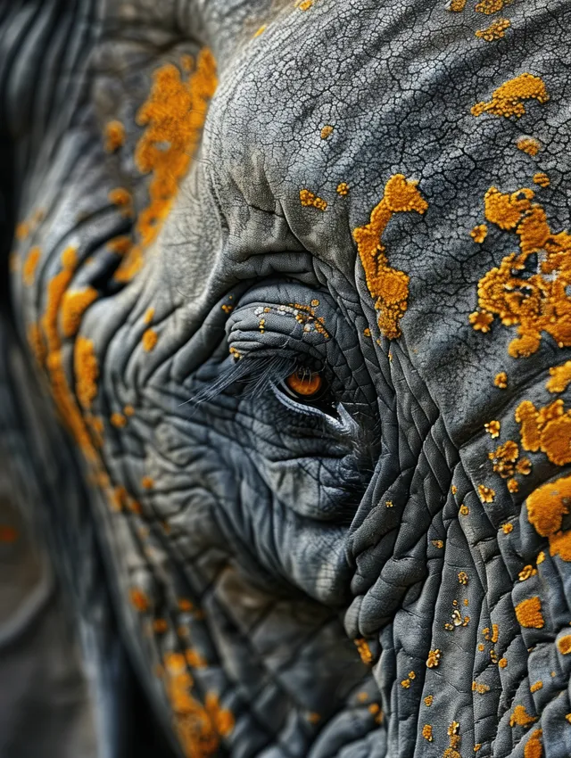 Close-up of an elephant’s eye with textured gray skin and scattered yellow lichen along the face.