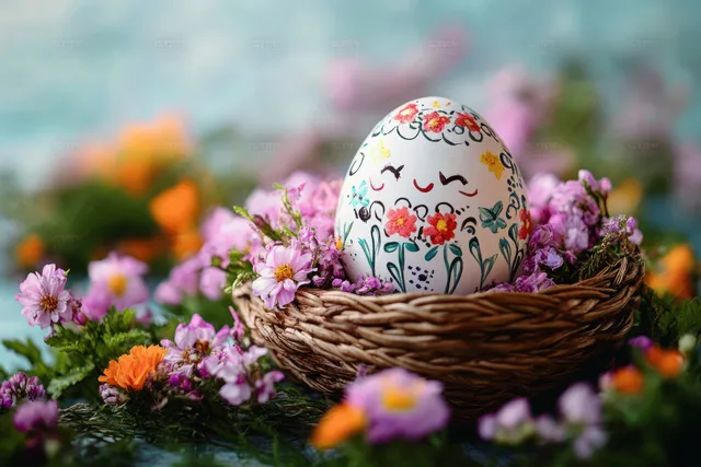 Painted Easter egg with floral pattern resting in woven basket among spring blossoms