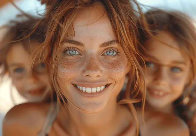 A smiling mother with two daughters laugh together on a roller coaster at a sunny amusement park.
