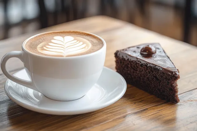White cappuccino with latte art sits on a saucer next to a slice of chocolate cake on a wooden table.