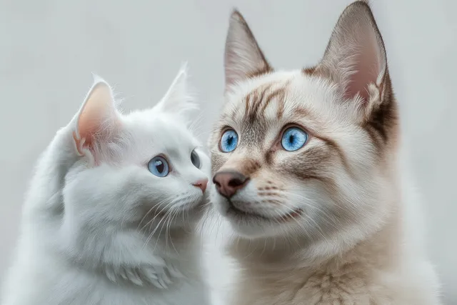 Close-up of two attentive cats with blue eyes gazing together against a soft neutral backdrop