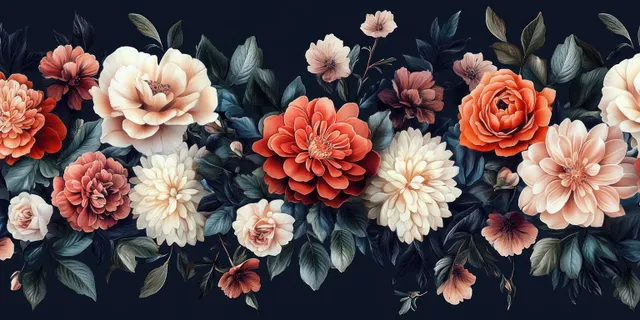 Seamless watercolor floral pattern of roses and peonies with dark leaves on a deep navy background.