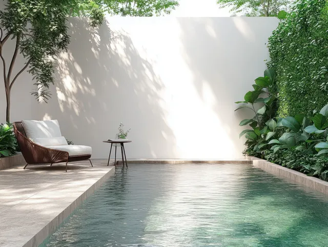 Outdoor pool terrace with a rattan chair and small table surrounded by lush greenery and bright sunlight.