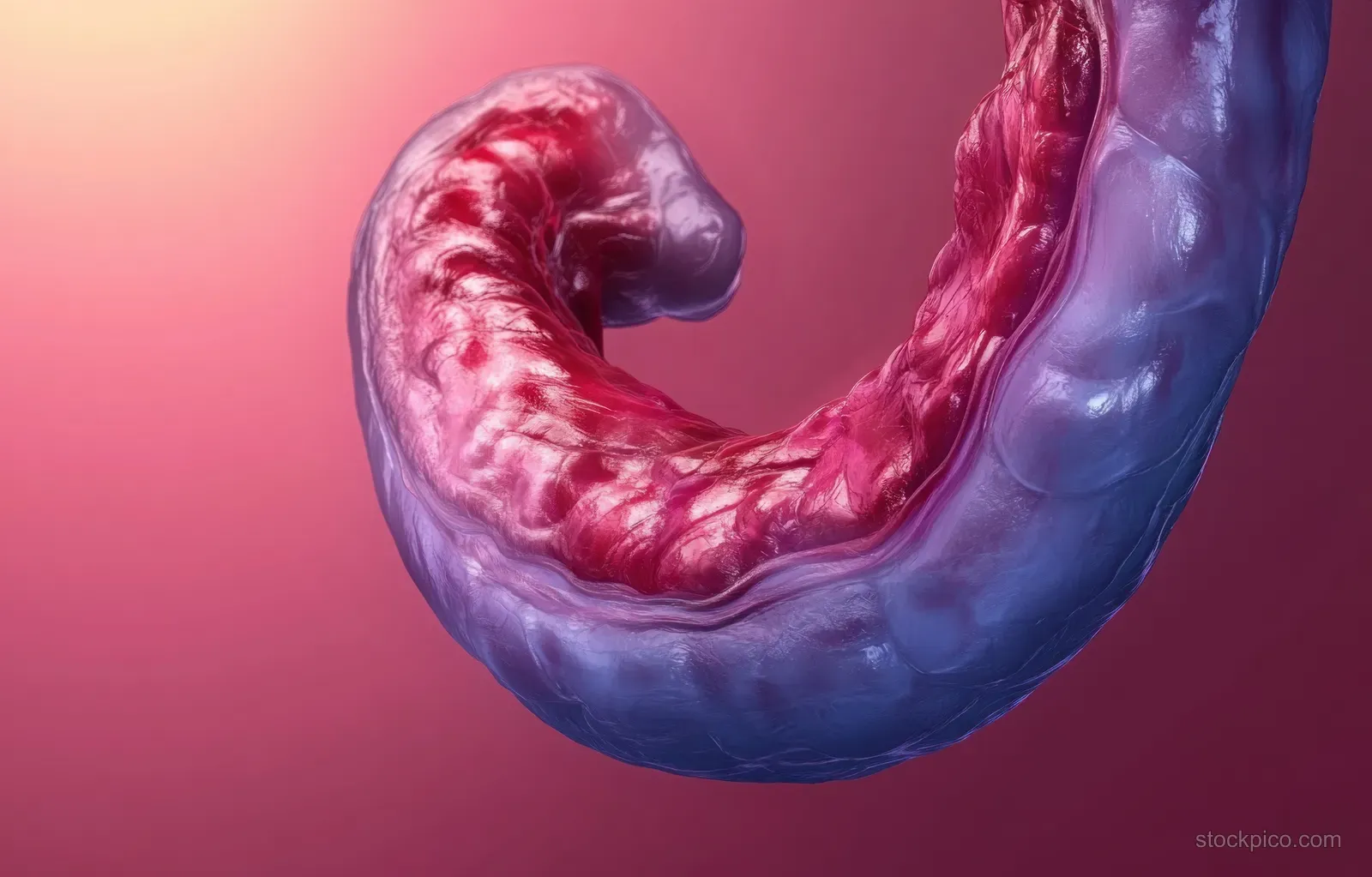 A vivid anatomical stomach illustration on a pink gradient background.