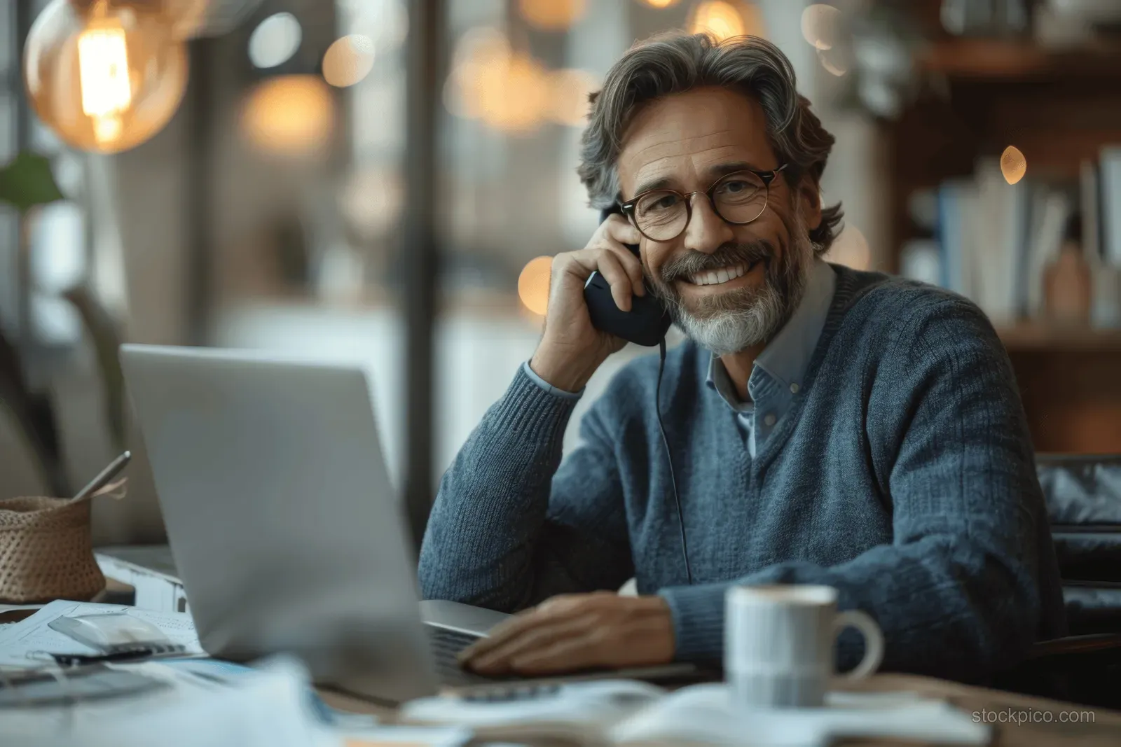 A bearded businessman smiles while talking on a phone at a desk beside an open laptop in an office.