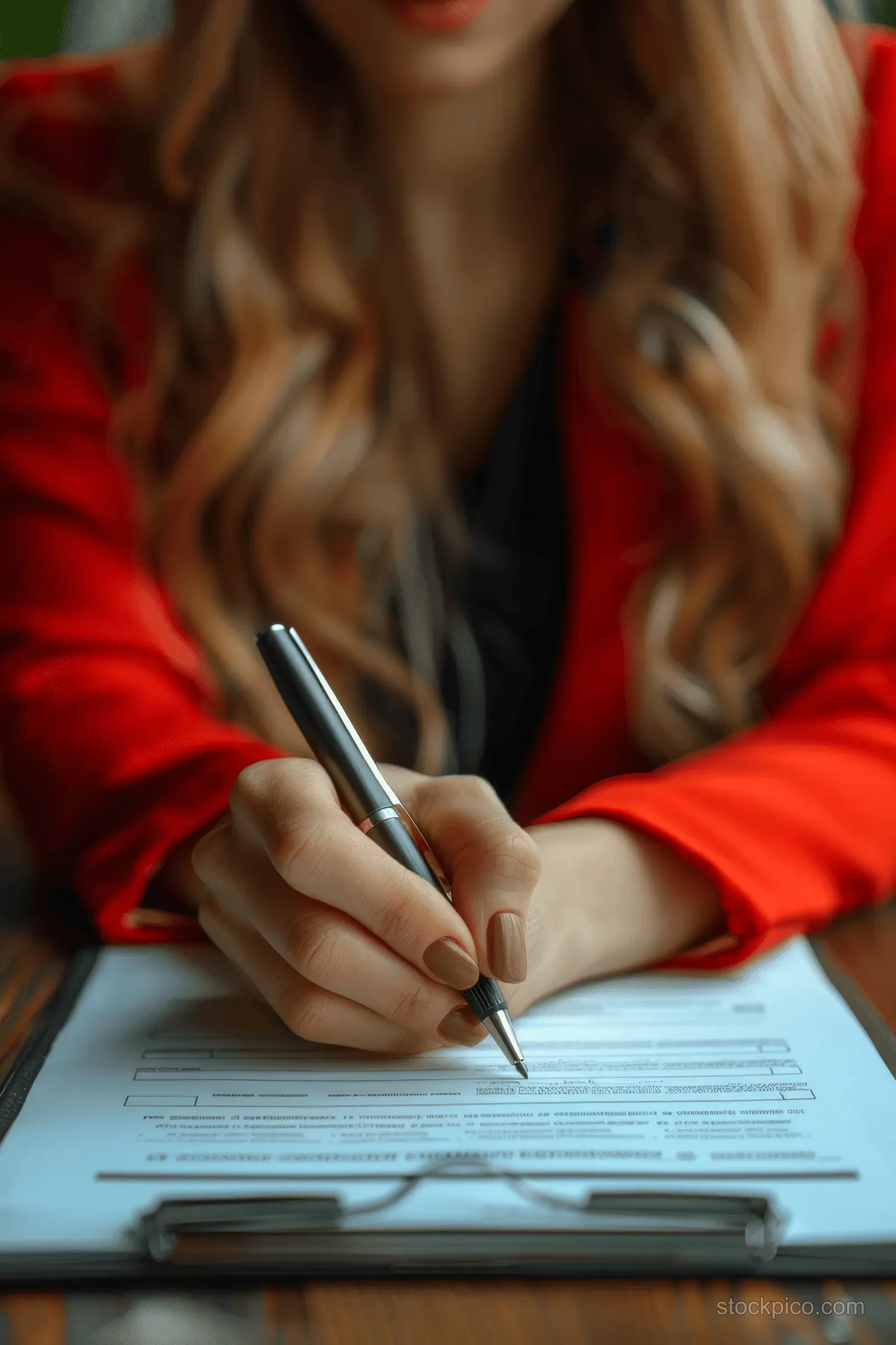 A young woman in a red blazer signs a real estate contract on a desk during an office meeting.