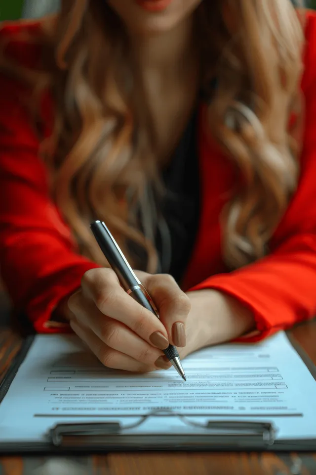 A young woman in a red blazer signs a real estate contract on a desk during an office meeting.