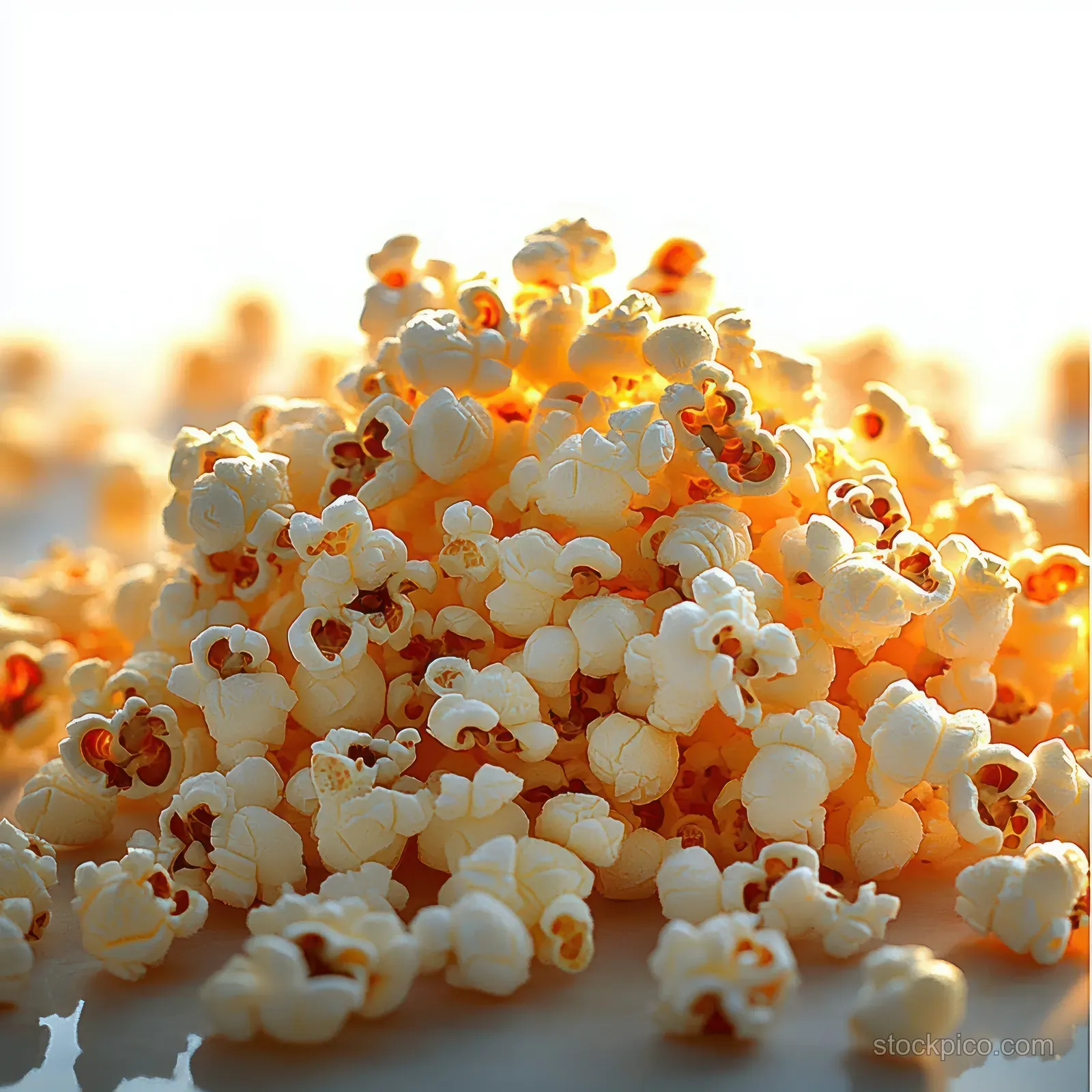 Fresh popcorn kernels piled together, lit by warm sunlight with crisp texture and soft background blur.