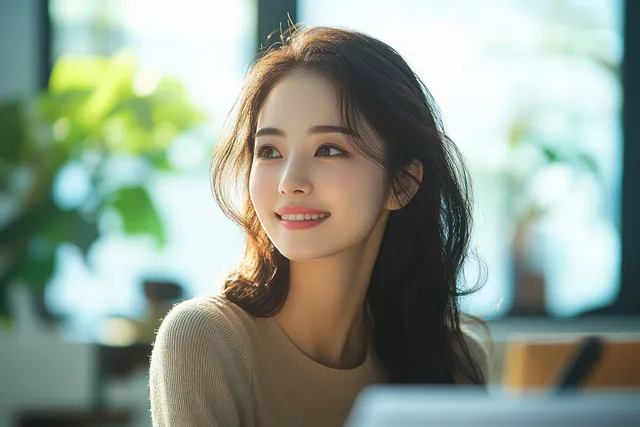 Smiling Asian businesswoman sitting at a desk in a softly lit minimalist office with blurred greenery behind her.