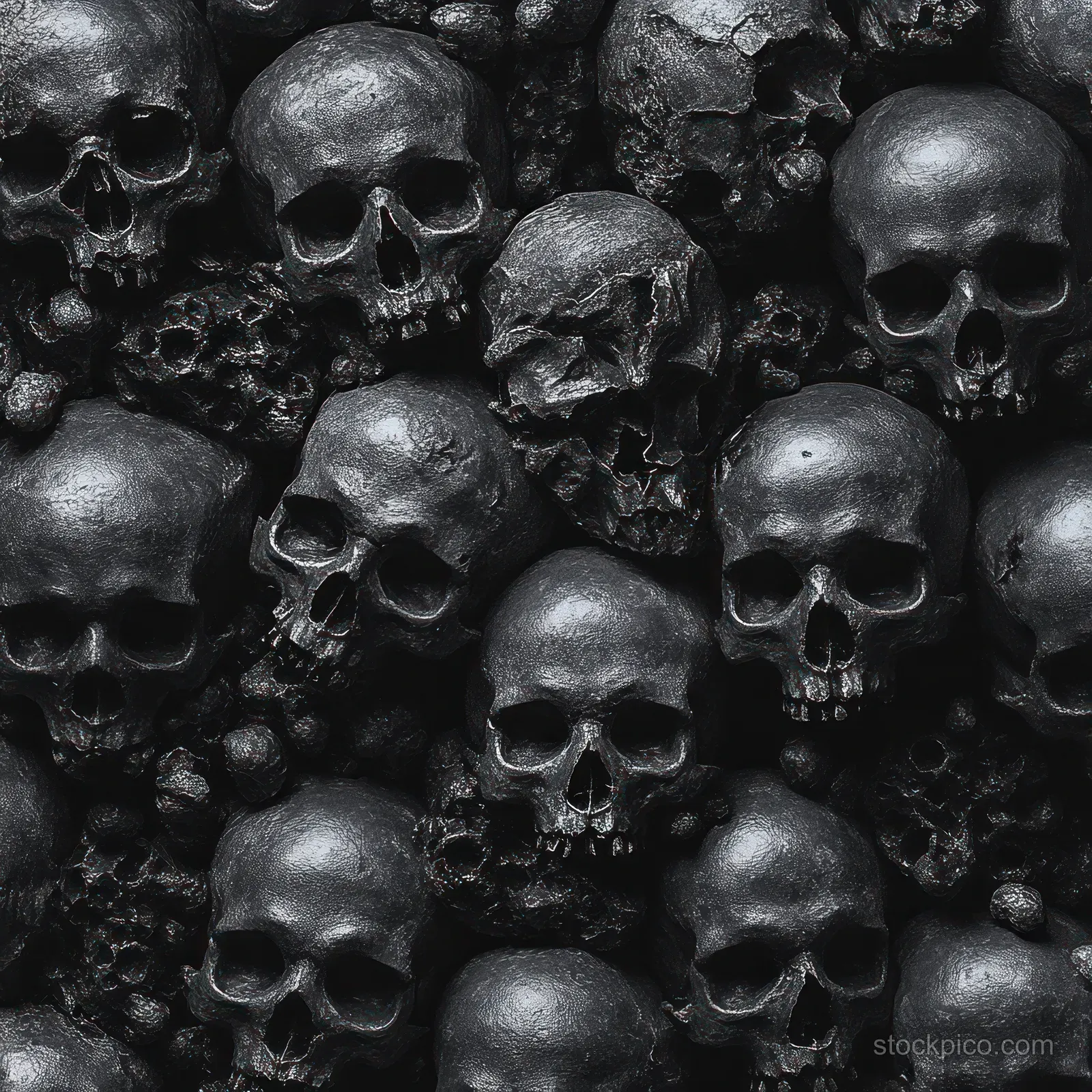 Overlapping dark metallic human skulls are tightly packed together with worn surfaces and hollow eye sockets.