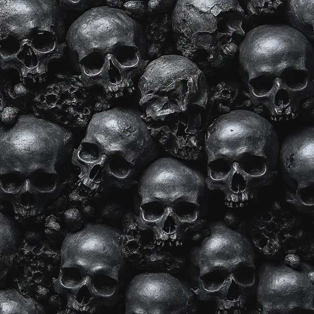 Overlapping dark metallic human skulls are tightly packed together with worn surfaces and hollow eye sockets.