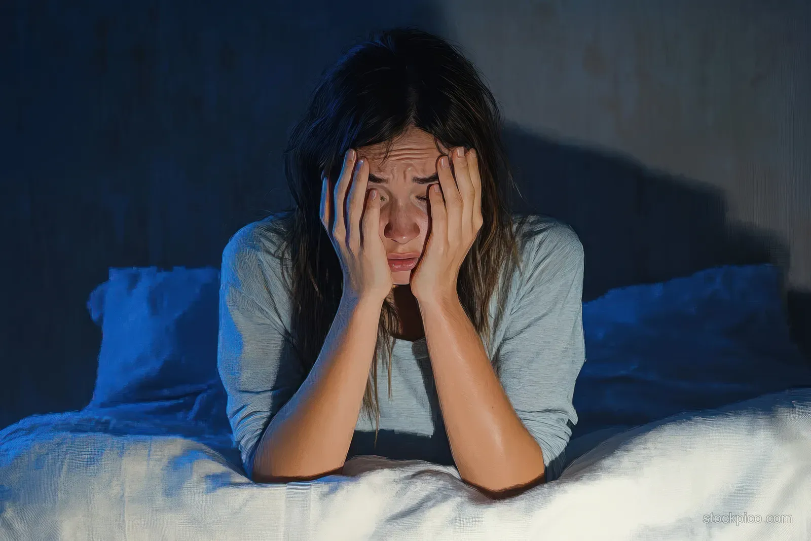 Woman sits on a bed in a dimly lit bedroom covering her face with both hands, looking exhausted.
