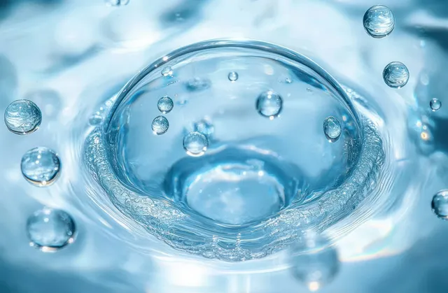 Clear water droplets hovering above a rippling surface with a central bubble