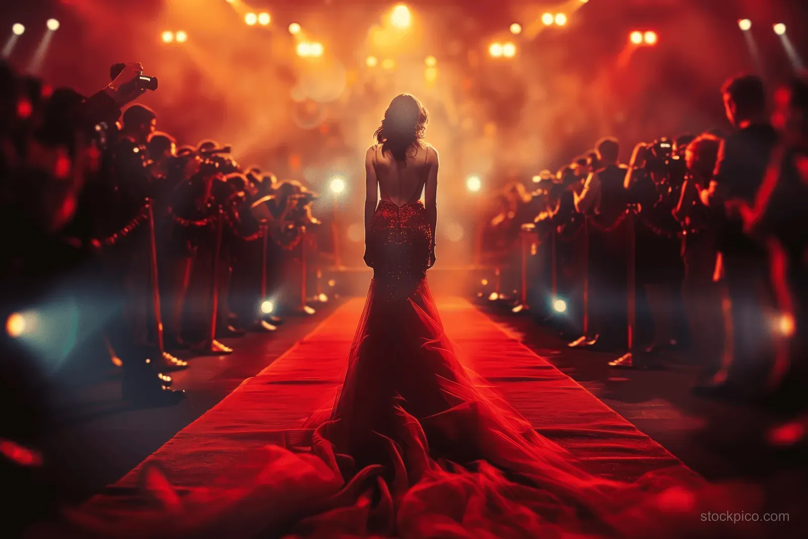 A woman in a flowing red gown walks the red carpet as paparazzi photographers flash cameras at a night premiere.