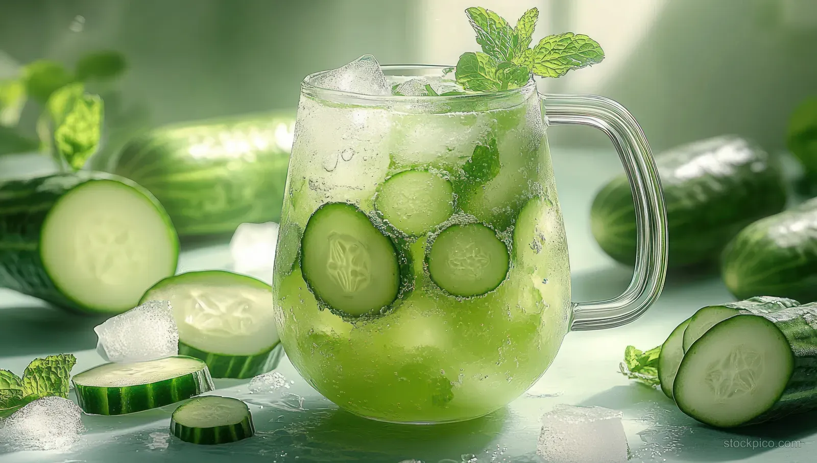 A glass mug with iced cucumber mint drink and cucumber slices on a light green surface.
