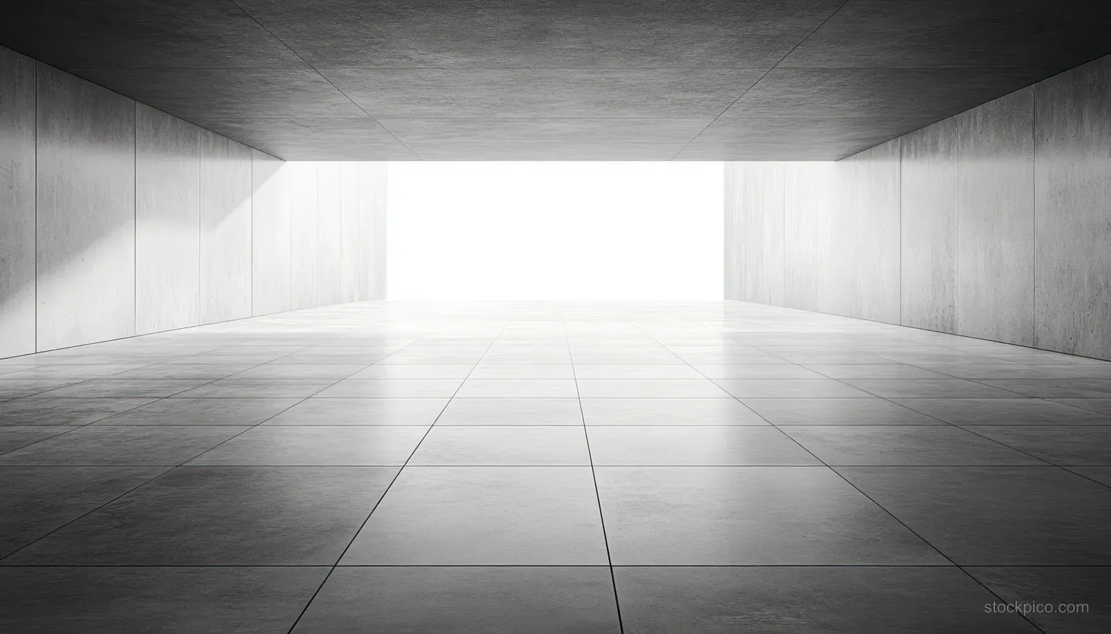 Empty concrete tunnel interior with smooth tiled floor and a bright exit casting sharp light and shadow.