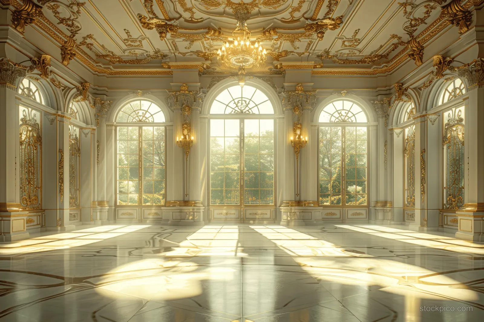 Golden ballroom interior with chandelier, arched windows, gilded columns, and a reflective marble floor in sunlight.
