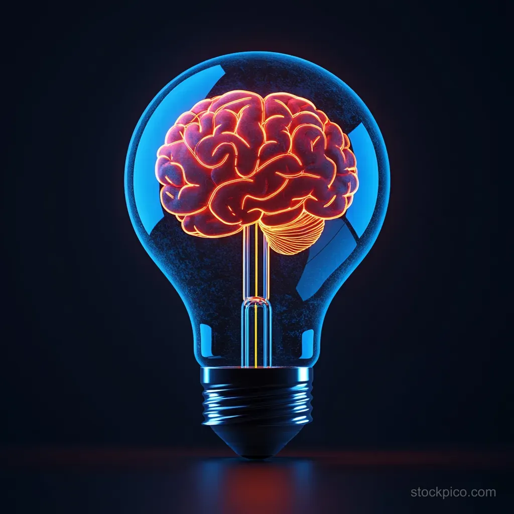 A glowing brain sits inside a transparent light bulb with neon blue and red light on a dark background.