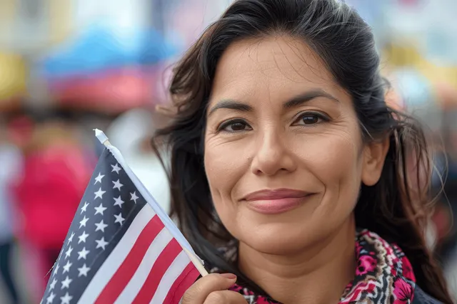 A smiling woman holds an American flag in front of a colorful blurred crowd.