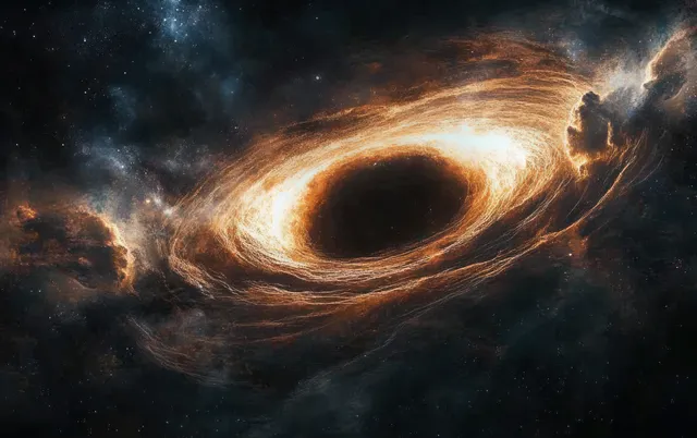 A black hole pulls in a bright swirling disk of gas and dust against a deep starry space background.